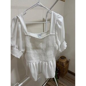 Nine West Women's XL White Smocked Peplum‎ Top Puff Sleeves Square Neck